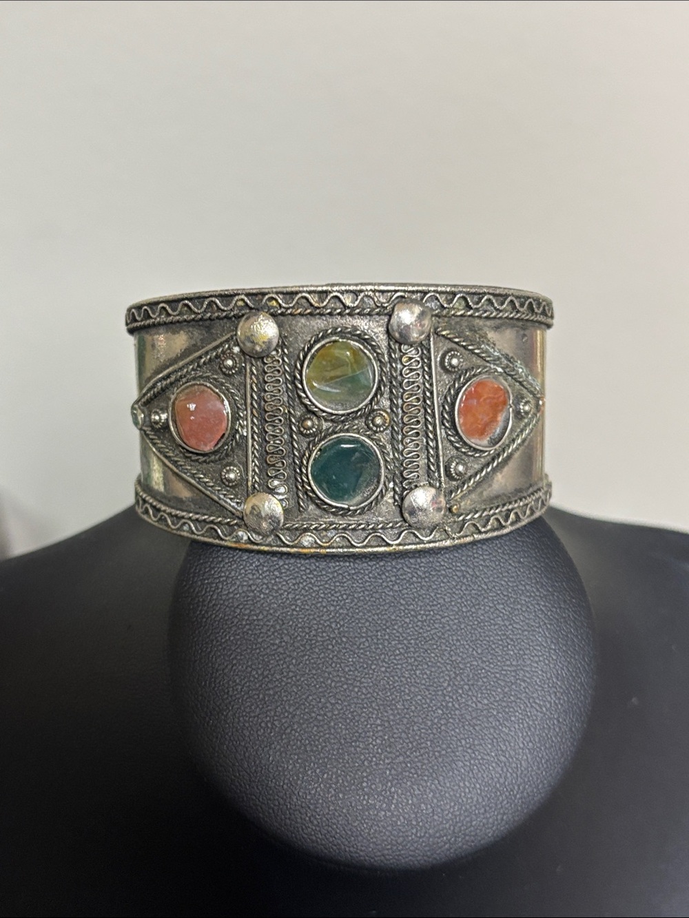 Southwestern Boho Silver Tone Multi-Stone Silver Cuff Bracelet Adjustable